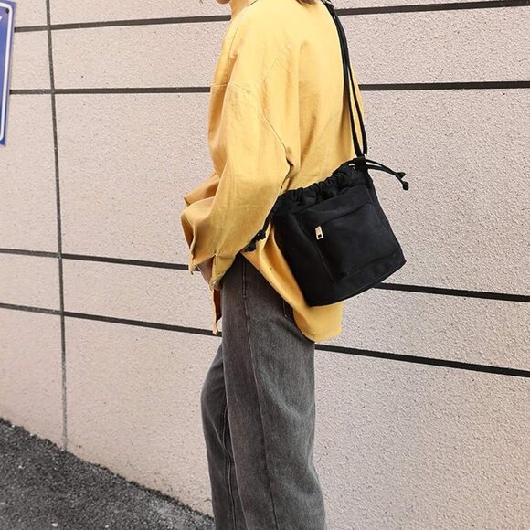 Canvas Crossbody Bag Small Drawstring Purse Compact Unisex Travel Organizer - Picture 7 of 8